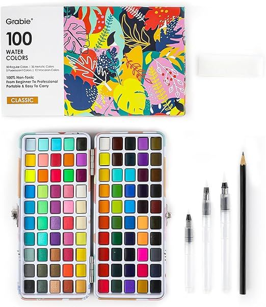 Grabie Watercolor Paint Set, 100 Colors Painting with Water Brush Pens and Drawing Pencil, Great ... | Amazon (US)