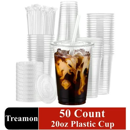 Treamon Clear Plastic Cups with Lids and Straws, Disposable Ice Coffee Cups, 20 oz 50 Count | Walmart (US)
