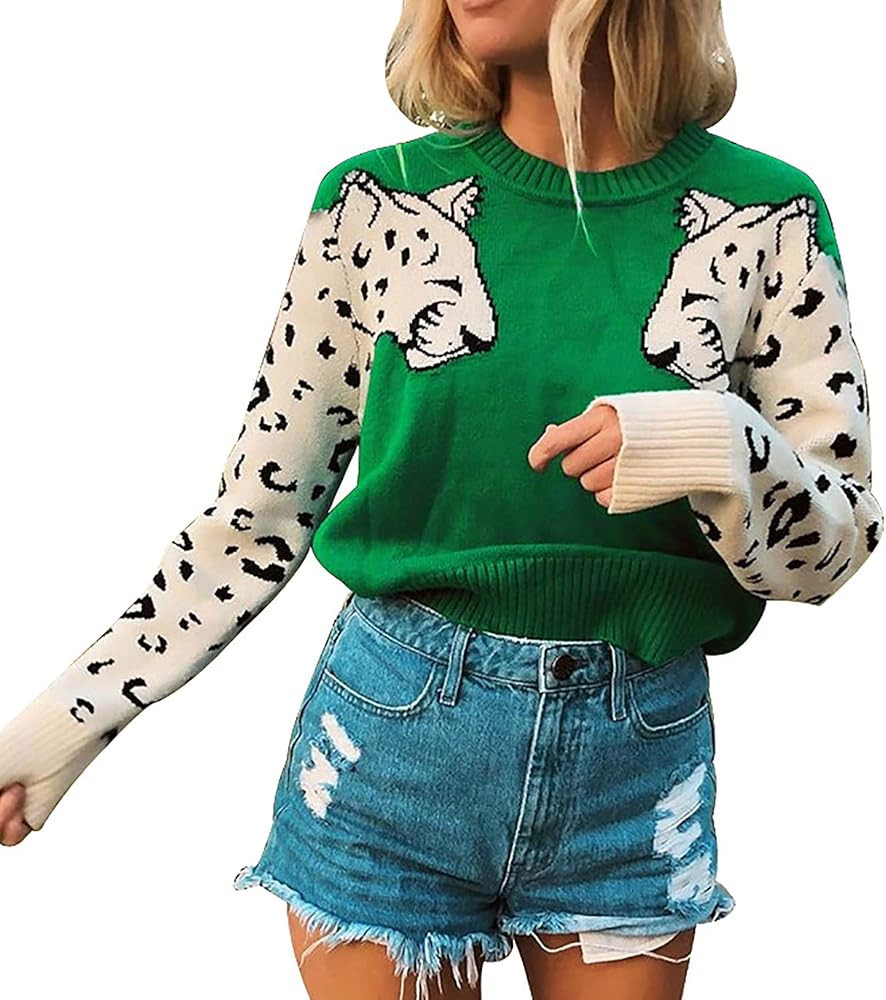 CORIRESHA Women's Color Block Tiger Sweater Crew Neck Long Sleeves Casual Loose Knit Pullover | Amazon (US)