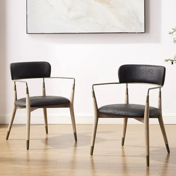 Art Leon Mid-century Solid Wood Accent Dining Chair (Set of 2) - Black Faux Leather | Bed Bath & Beyond