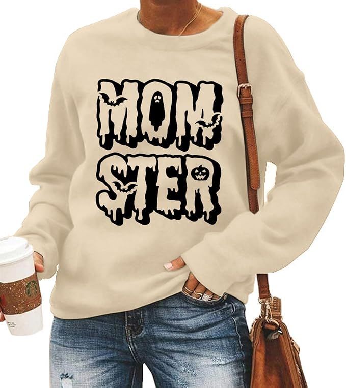 FCHICH Halloween Mom Sweatshirt for Women Funny Momster Letter Print Shirt Long Sleeve Casual Fal... | Amazon (US)