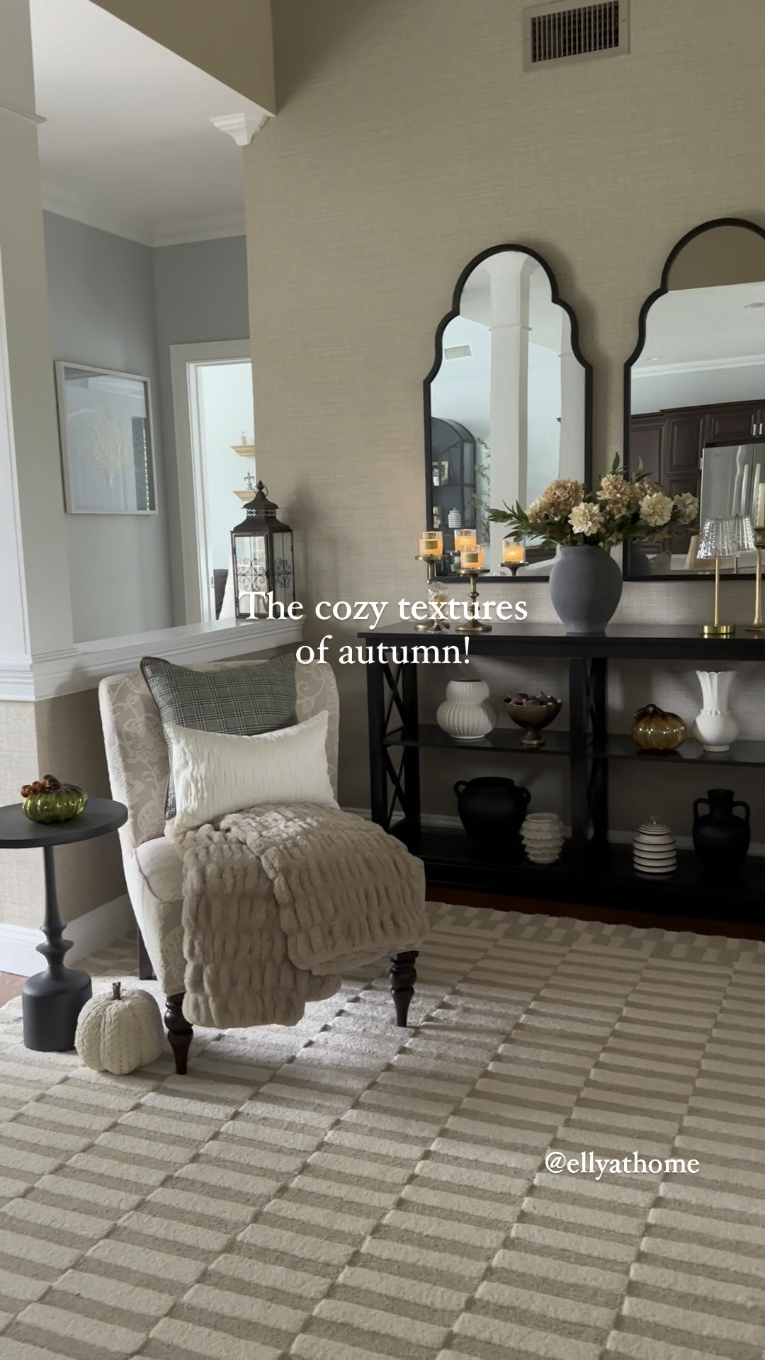 Cozy autumn entryway, foyer. Shop amber candleholder, lamp on sale, marble vase, cozy throw blankets, green throw pillows, vases, area rug, mirrors, side chair, accent table. Fall home decor accessories, free shipping. 

#LTKSaleAlert #LTKVideo #LTKHome