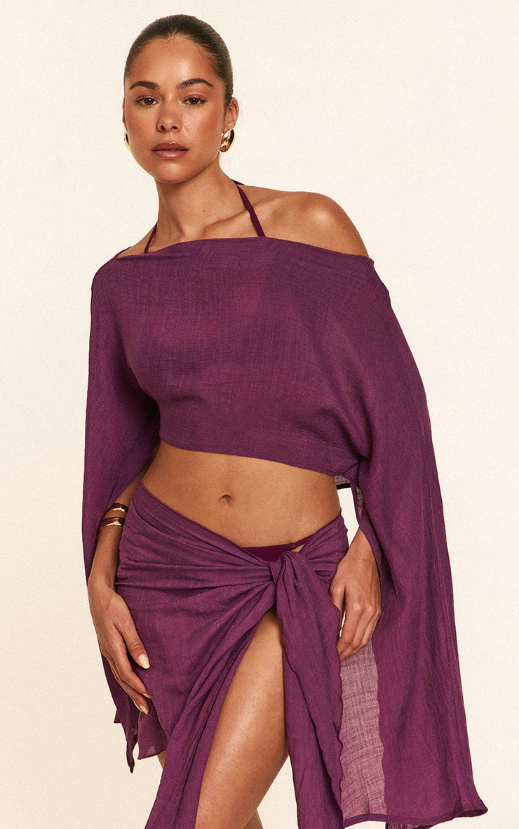 Purple Linen Look Drape Shoulder Top | PrettyLittleThing US