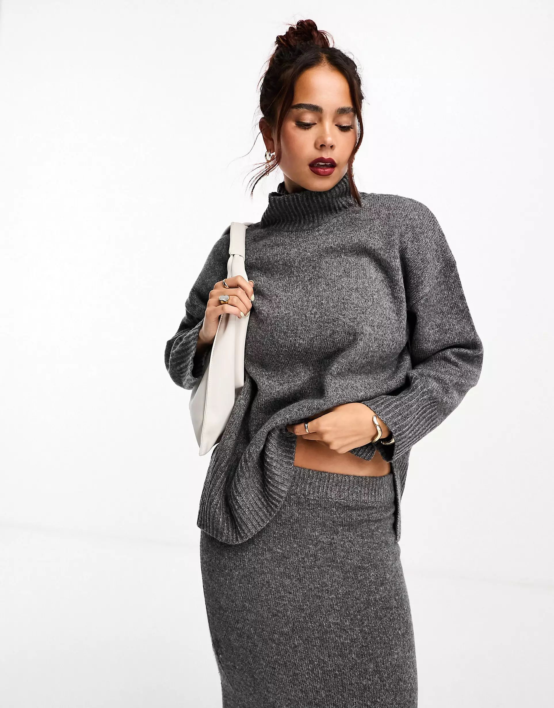 ASOS DESIGN longline sweater with high neck & midi skirt set in charcoal | ASOS | ASOS (Global)