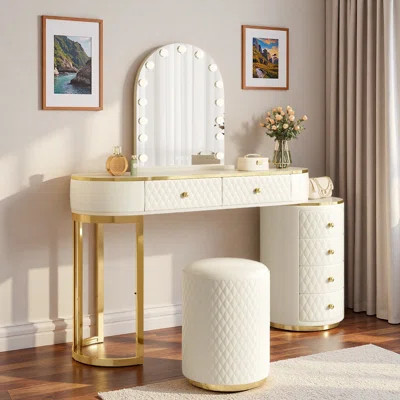 Luxury Makeup Vanity Desk With 3-color Led Mirror, Adjustable Length, 6 Drawers And Stool | Wayfair North America