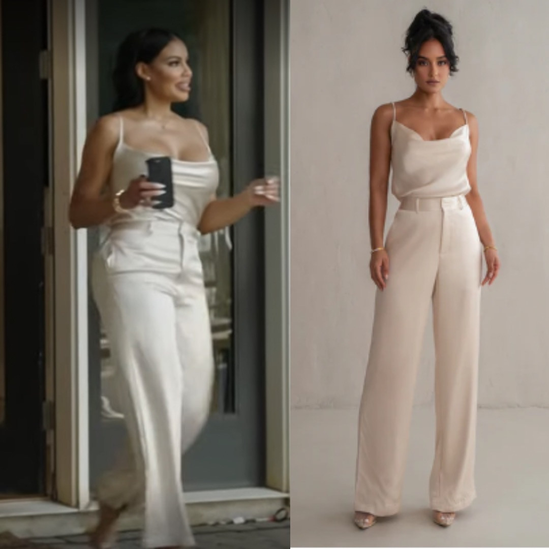 Mia Thornton’s White Silk Draped Cami and Pants