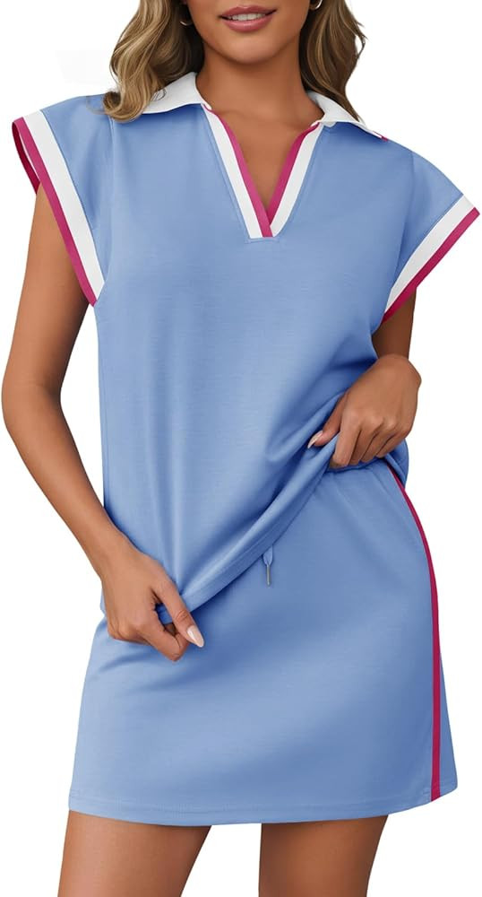 Fisoew Womens 2 Piece Skirt Set Summer Cap Sleeve Tops Matching Tennis Skirts Casual Color Block ... | Amazon (US)