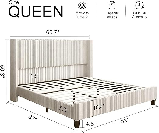 HOWE Queen Size Upholstered Platform Bed Frame, Wingback Bed with 50.8" Headboard, Corduroy/Solid... | Amazon (US)