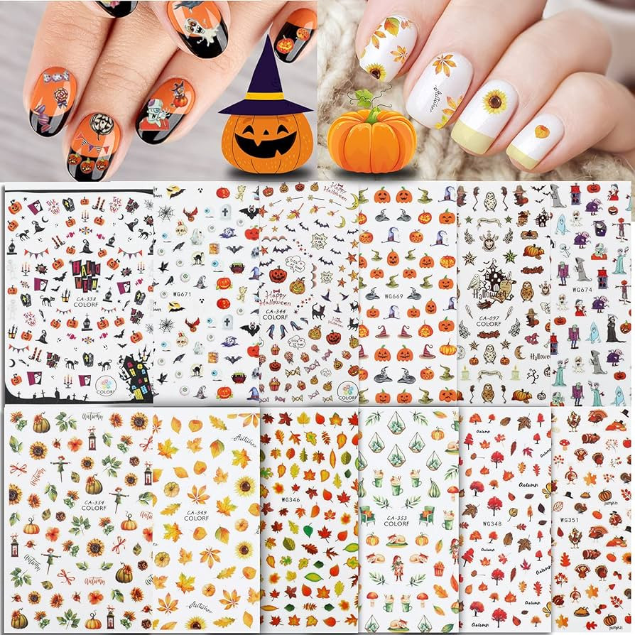 Whaline Fall & Halloween Nail Art Stickers 12 Sheet Autumn Leaves Pumpkin Bat Ghost Pattern Self-... | Amazon (US)