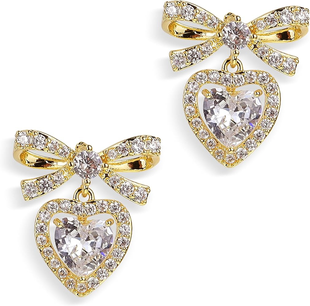 JeanBeau Bow Heart Dangle Drop Earrings for Women Valentines Rhinestone Ribbon Crystal CZ Love He... | Amazon (US)