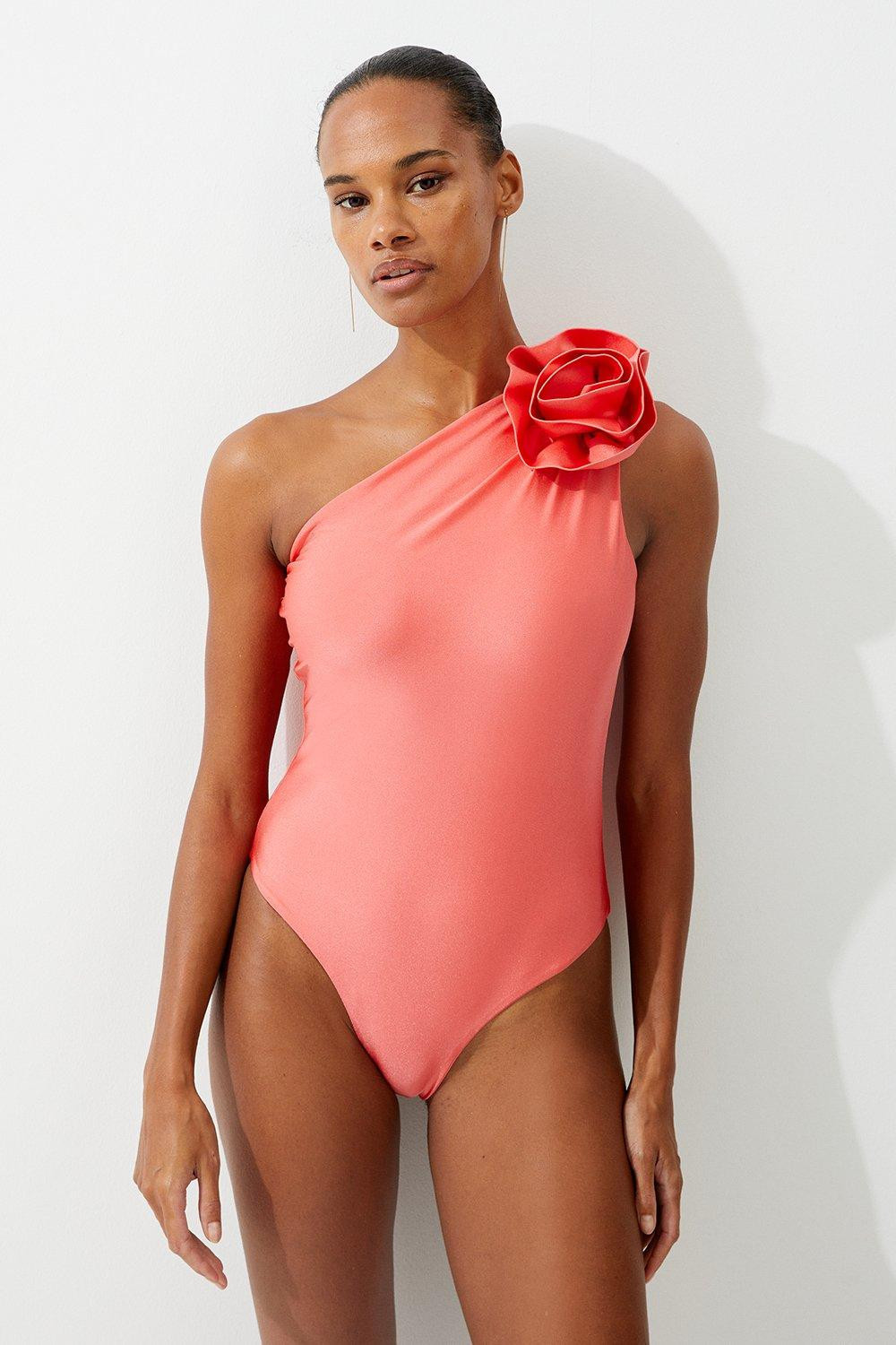 Rosette Detail Asymmetric Swimsuit | Karen Millen US