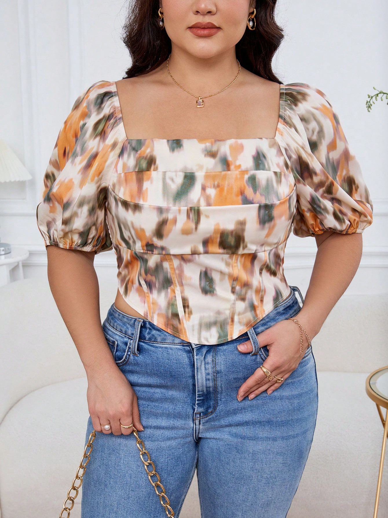 evoluSHEINSHEIN Privé Summer Elegant And Romantic Printed Short Sleeve Shirt With Fishbone Decor... | SHEIN