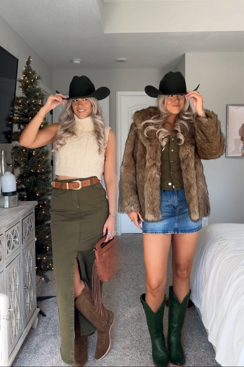 western outfit inspo 💌
LEFT: top size medium, boots tts, belt small, and size down in skirt (it’s meant to sit on your hips low rise so it runs “larger” high rise)
RIGHT: fur coat size xs, denim top size small (could size down depending on how you want to fit) skirt size 26

code KIRA15 for the cowboy hat :)

#LTKFindsUnder50 #LTKSeasonal #LTKStyleTip