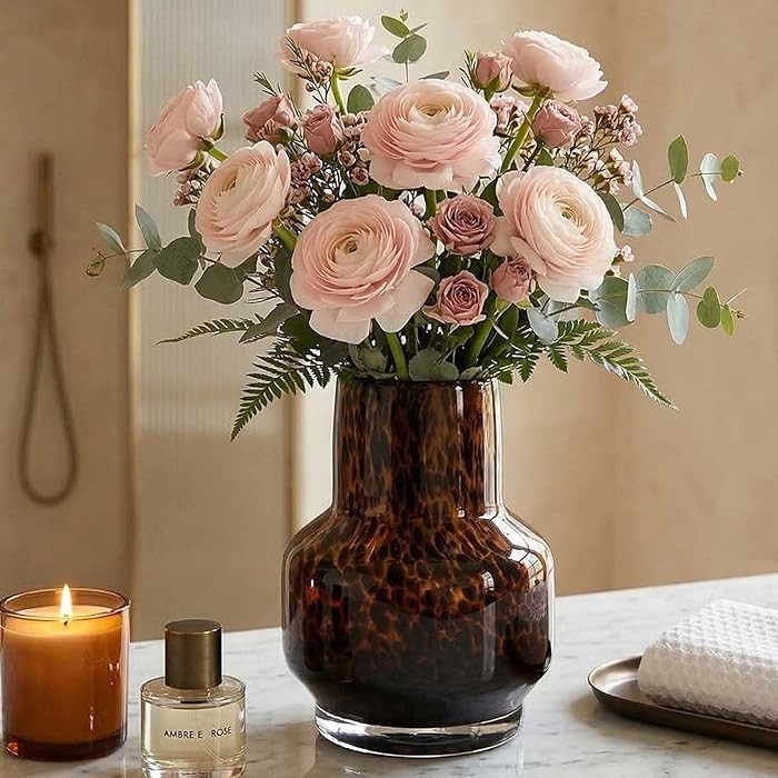 Amber Vase – Brown Glass, Modern Clear Glass Vase with Wide Mouth for Flowers, Decorative Bottl... | Amazon (US)