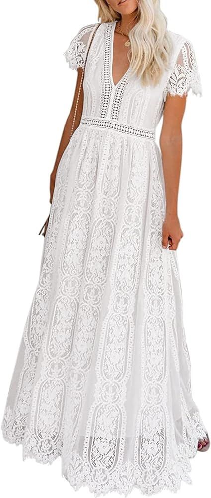 MEROKEETY Women's V Neck Short Sleeve Floral Lace Wedding Dress Bridesmaid Cocktail Party Maxi Dress | Amazon (US)