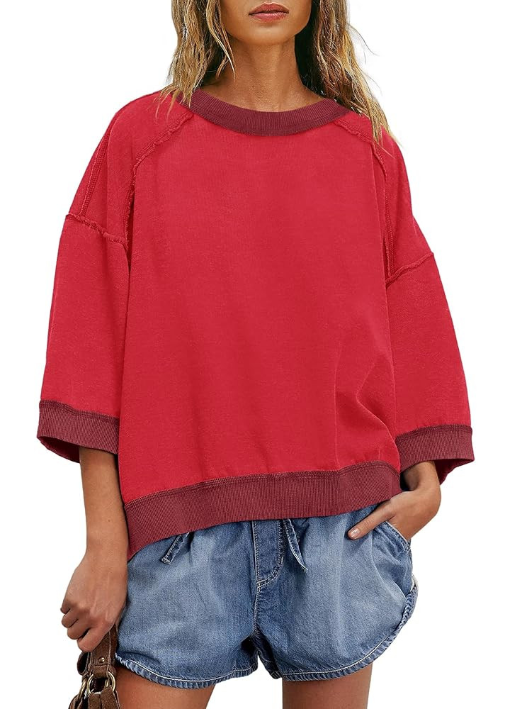 Yanekop Womens Crewneck Short Sleeve Sweatshirt 3/4 Sleeve Tops Color Block Oversized Sweatshirt ... | Amazon (US)