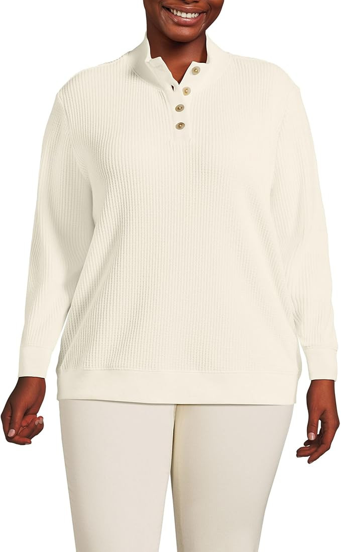 Lands' End Women's Waffle Knit Button Placket Top | Amazon (US)