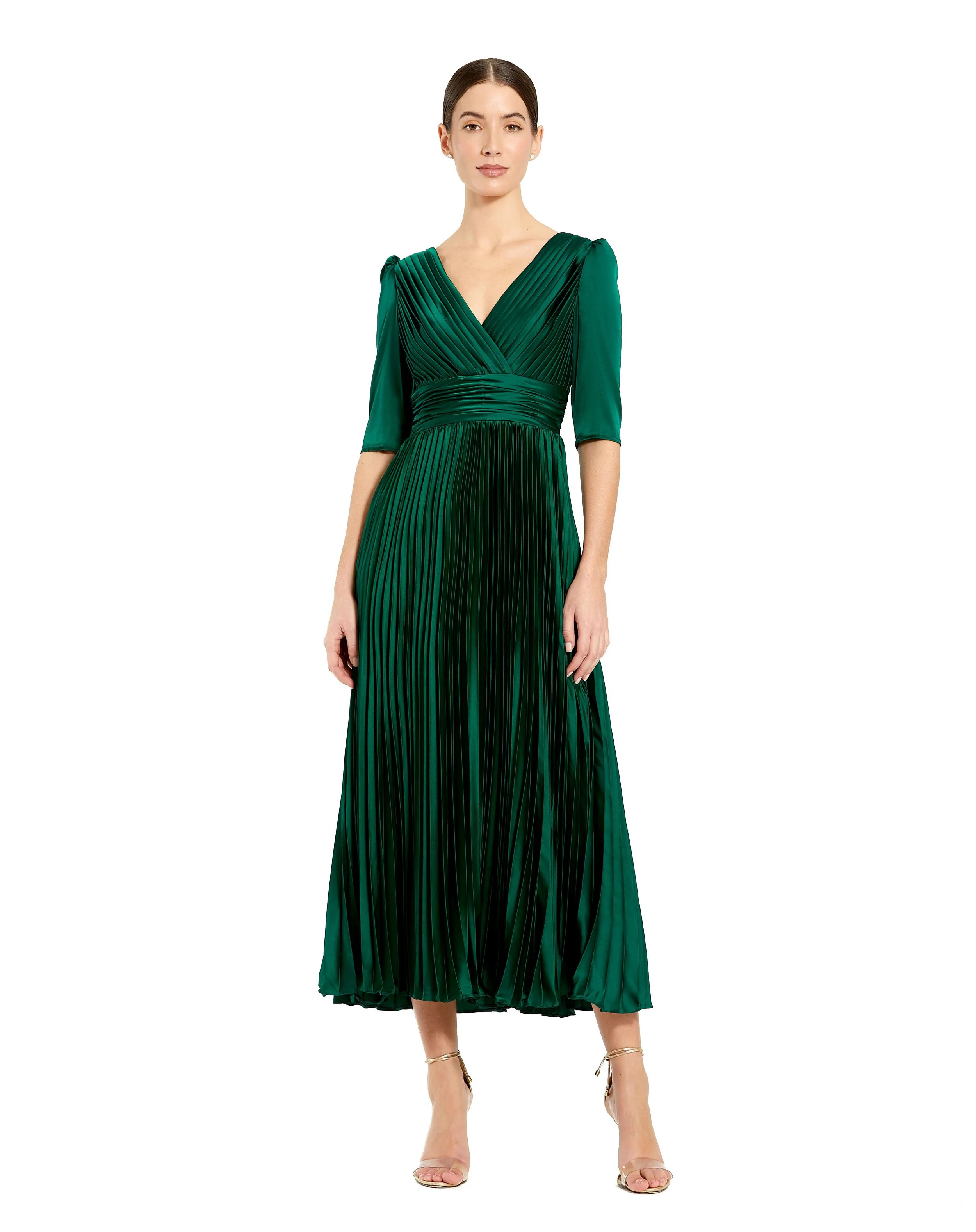 Quarter Sleeve V Neck Heat Pleated Dress | Mac Duggal