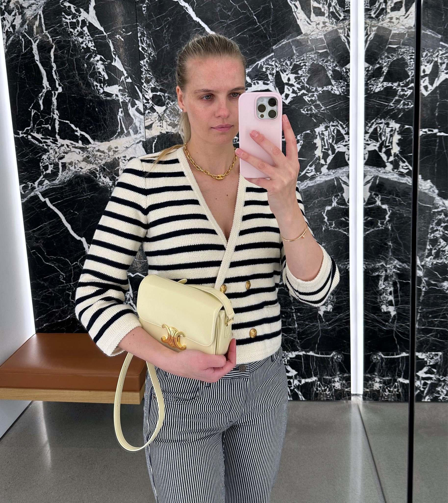 Stripes on stripes! 
•Striped cardigan 
•Jane flared jeans in hickory stripes
•Teen Triomphe bag
#chic #ootd #celineoutfit #celinebyhedislimane #summeroutfit #celinesweater #celinebag #celinejeans 

#LTKSeasonal #LTKitbag #LTKFind