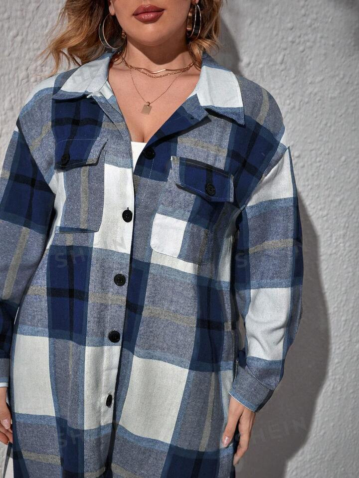 SHEIN EZwear Plus Plaid Flap Pocket Midi Coat | SHEIN