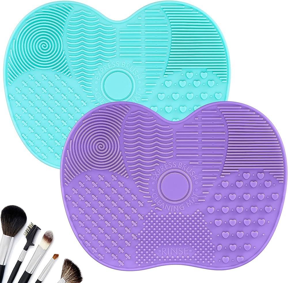 HexinYigjly 2 Pcs Silicone Make Up Brush Cleaning Mat, Makeup Brush Cleaner Mats, Cosmetic Cleaning Pads, Portable Washing Tool with Suction Cup for Makeup Cosmetic Brushes | Amazon (US)