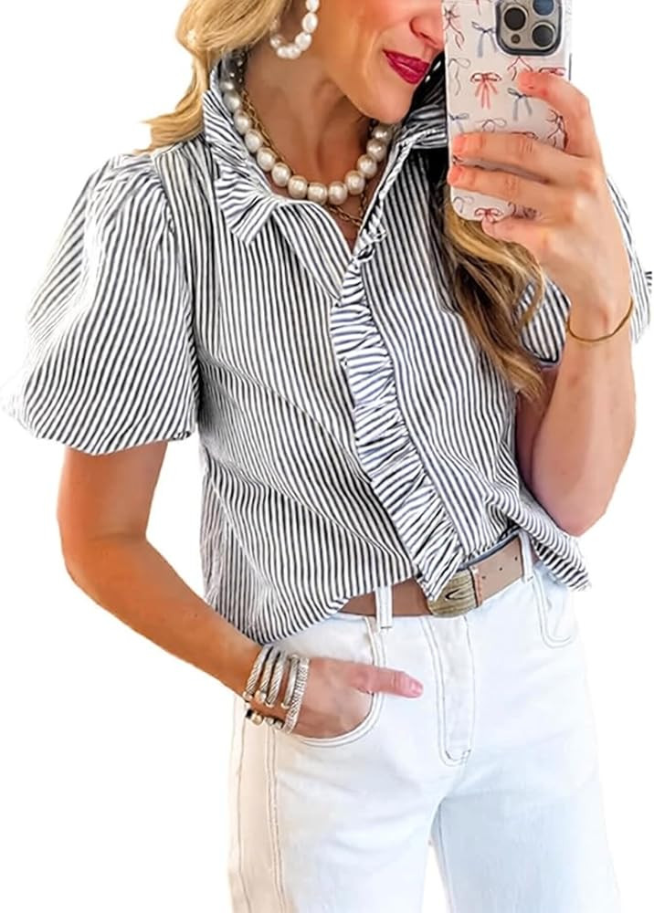 Disamer Womens Puffy Sleeves Tops Button Down Shirt Ruffle Shirt Short Striped Work Tops Trendy B... | Amazon (US)