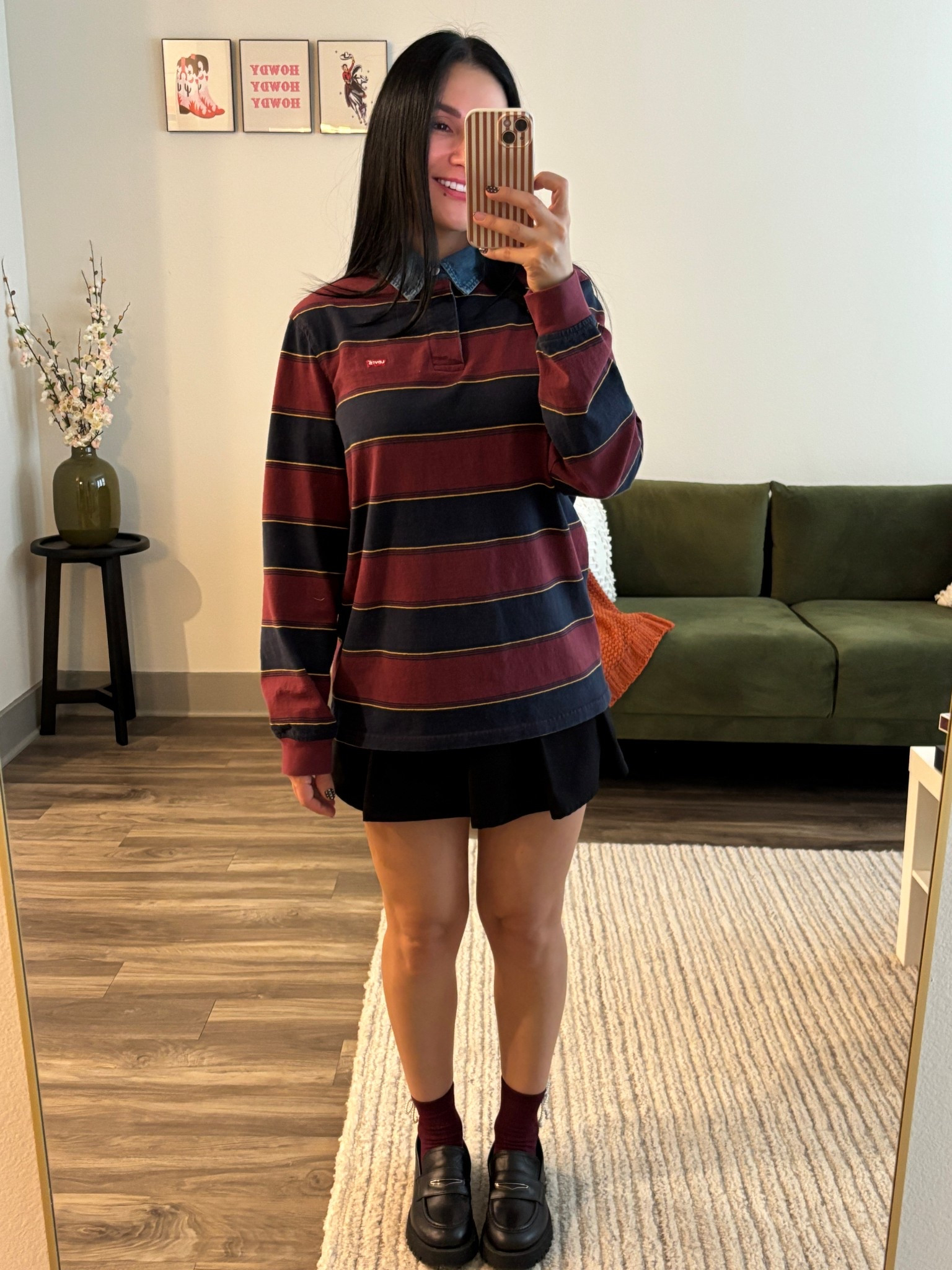💙 Preppy rugby vibes 🍂
Oversized rugby shirt outfit 💙❤️💛 • Black mini skirt outfit 🖤 • Chunky loafers look ✨ • Burgundy socks moment ❤️ • Preppy fall outfit idea 🍁 • School-girl chic aesthetic • Rugby stripes outfit • LTK fall fashion finds • Blue & burgundy outfit aesthetic 💙❤️

#LTKPetite #LTKootd #LTKU