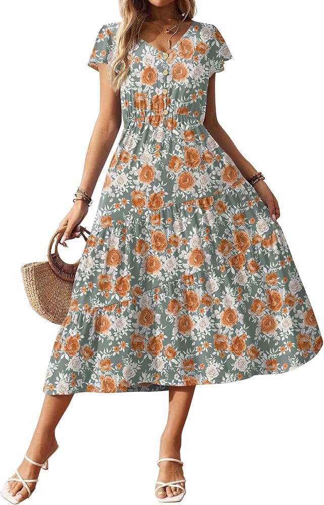 Zeagoo Women's Summer Casual Dress Flutter Short Sleeve V Neck Button Down Tiered Flowy Long Dres... | Amazon (US)