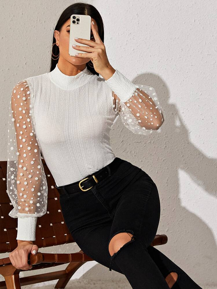 Mock Neck Polka Dot Sheer Mesh Lantern Sleeve Top | SHEIN