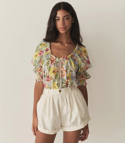 D�?EN Inez Top -- Blanc Anemone Bloom - Size - Xxs Cotton Floral Print Feminine Victorian | DOEN