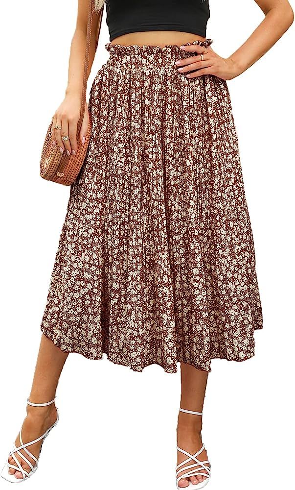 Naggoo Women's Skirts High Elastic Waisted Casual Skirt Pleated Floral/Solid Midi Skirts with Pocket | Amazon (US)