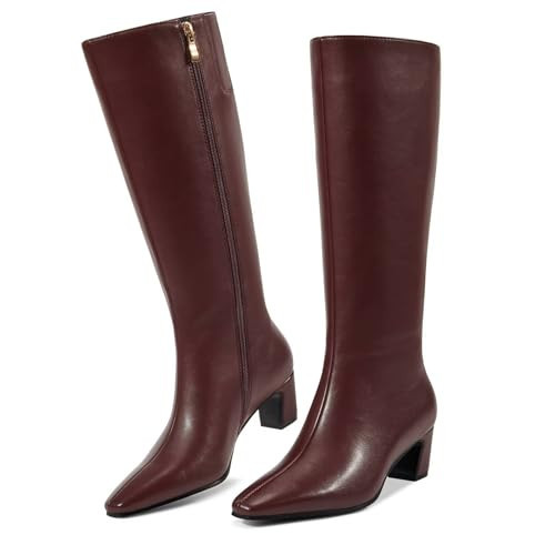 ISNOM Red Boots for Women Knee High with Side Zipper Womens Tall Burgundy Chunky Boots Pointed Toe Knee High Low Heeled Boot for Fall Fashion Dress Party Wedding PU Leather Size 9.5 | Amazon (US)
