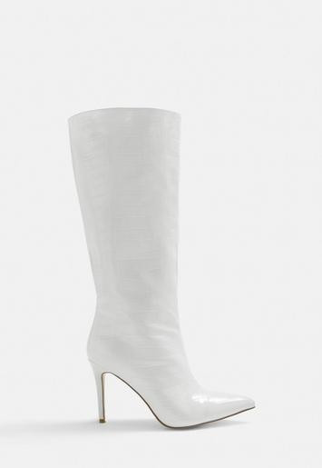 White Croc Effect Knee High Boots | Missguided (US & CA)