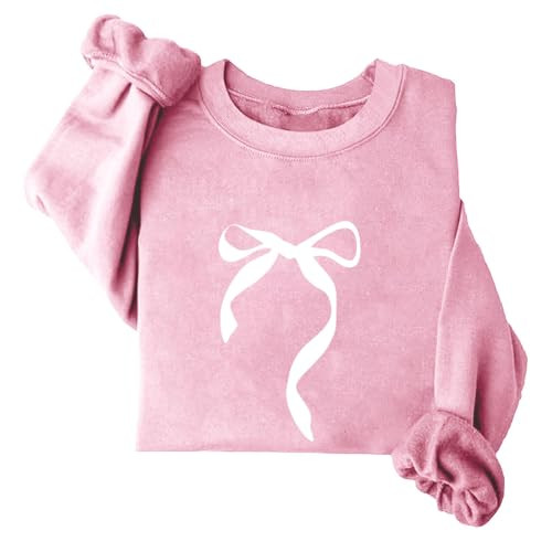 women bow sweater Women's Cute Bow Sweatshirt Plus Size Casual Long Sleeve Crew Neck Sweatshirts Fall Loose Fit Y2k Pullover Tops Pink S | Amazon (US)