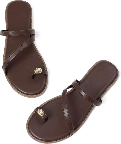 Kalstage Women's Strappy Flat Sandals Round Open Toe Ring Flat Sandals Slip On Beach Sandals Shoe... | Amazon (US)
