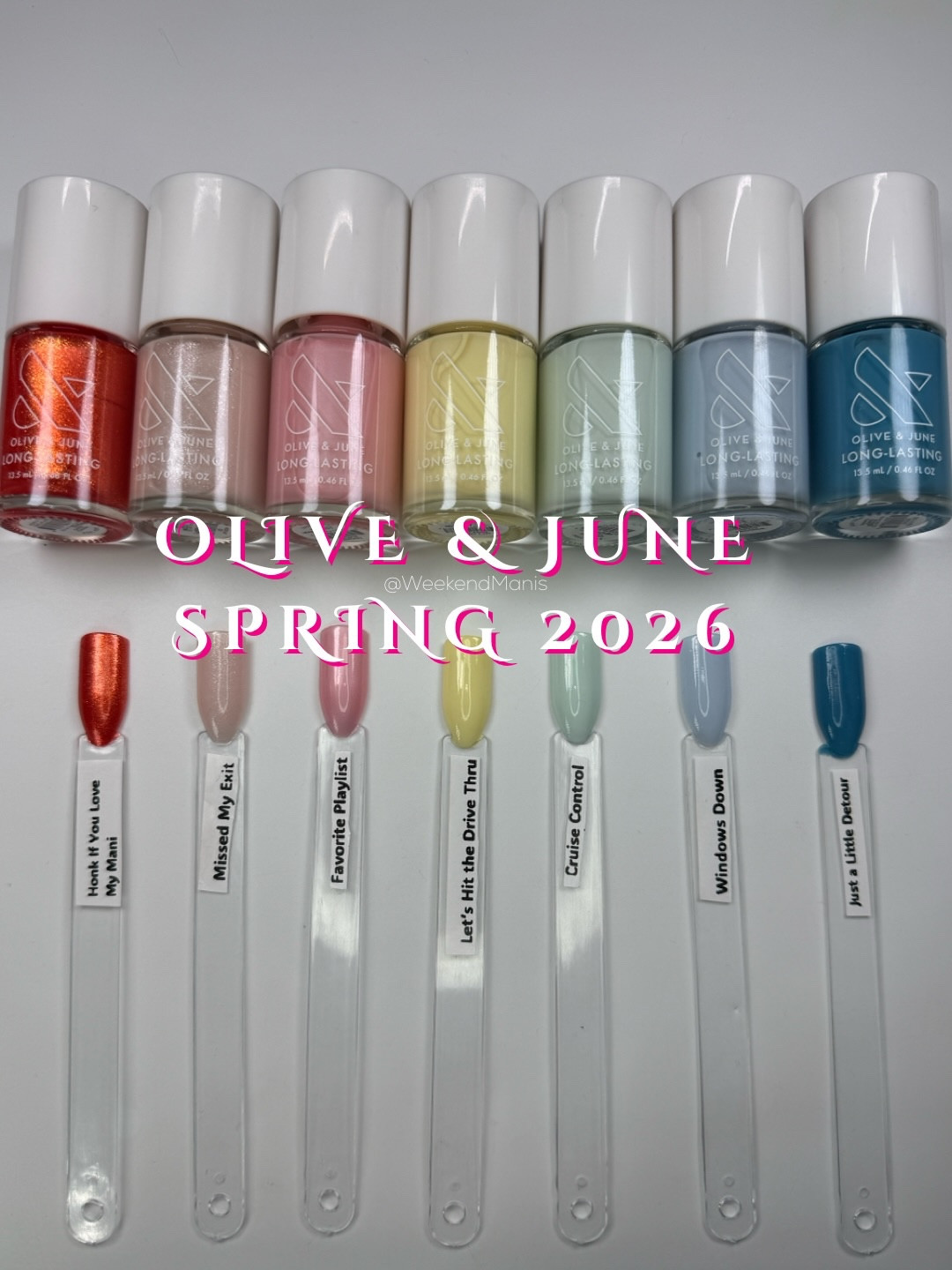 Spring 2026 - Windows Down, Nails Done 💅 (Gifted)

Road trip time! It felt like forever for Spring, amirite? Which one are you most excited about (after Strawberry Scone in gel, let’s be honest LOL) 🍓

I’ll be sharing individual posts with color comparisons separately. Let me know what questions I can answer! 🥰

LONG-LASTING POLISH:
Let’s Hit the Drive Thru - sunny pastel yellow
Windows Down - milky pastel blue
Cruise Control - icy mint green (Limited Edition)
Missed My Exit - sheer shimmery blush (Free Gift with Purchase)
Favorite Playlist - sheer pink pearl
Just a Little Detour - bright teal blue
Honk If You Love My Mani - shimmery orange red

GEL:
Strawberry Scone
Favorite Playlist
Lava
Sunny
Yes, Please

Share this with someone who would like to see these new colors! 💅 

If you found this helpful, I would really appreciate it if you started your shopping with my ShopMy link! You can find it in my bio or you’re always welcome to DM me too 🫶

#oliveandjune #WeekendManis #springnails #naturalnails