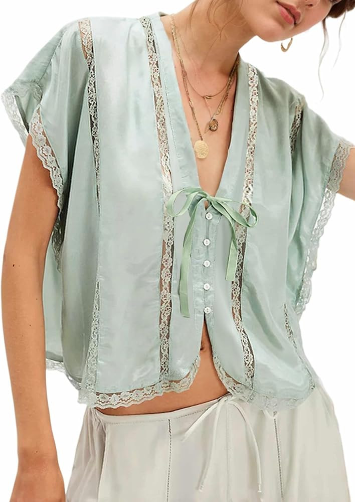 MISSACTIVER Women V Neck Tie Open Front Shirts Summer Oversized Button Down Blouses Casual Short ... | Amazon (US)