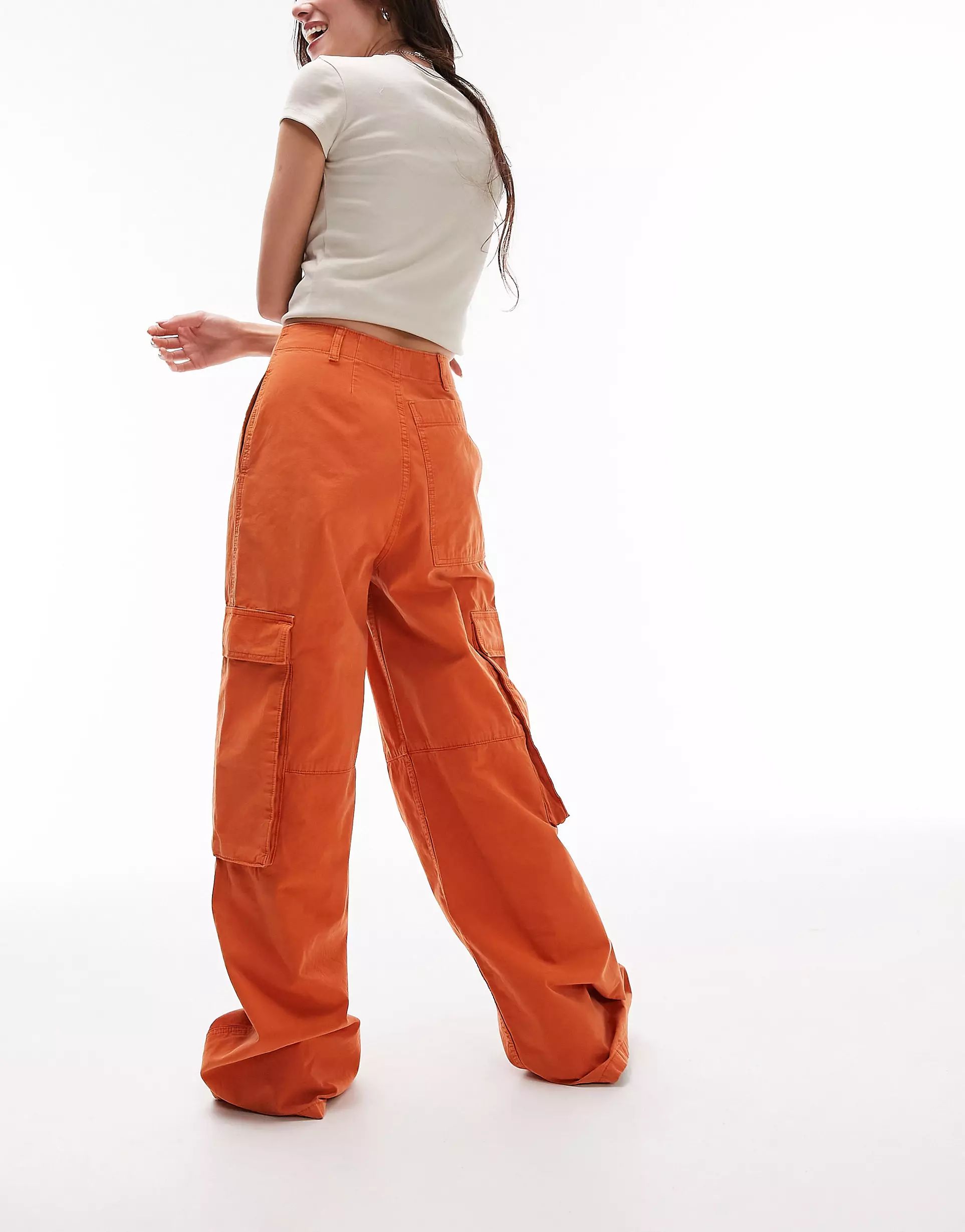 Topshop high waist oversized straight leg pocket cargo pants in orange | ASOS (Global)