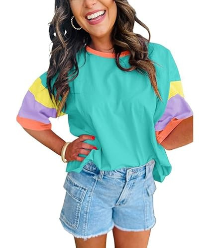 Chvity Womens Colorblock T-Shirt Crewneck Short Sleeve Pullover Spring Summer Casual Patchwork To... | Amazon (US)