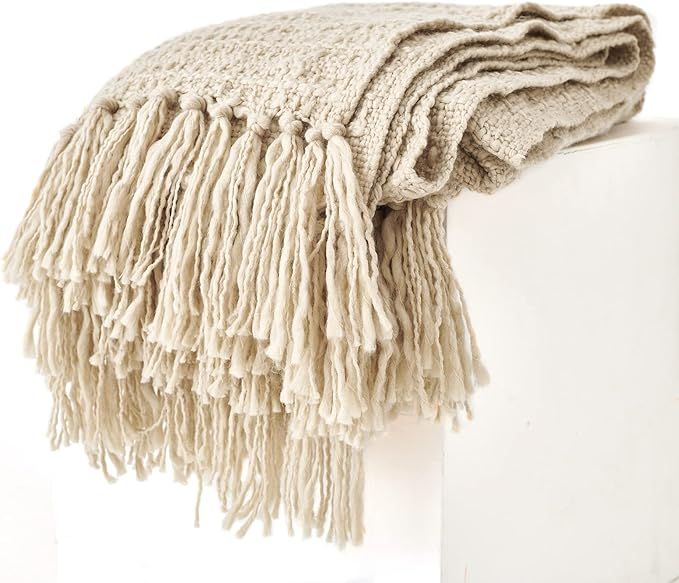Thick Chunky Beige Knitted Throw Blanket for Couch Chair Sofa Bed, Chic Boho Style Textured Baske... | Amazon (US)