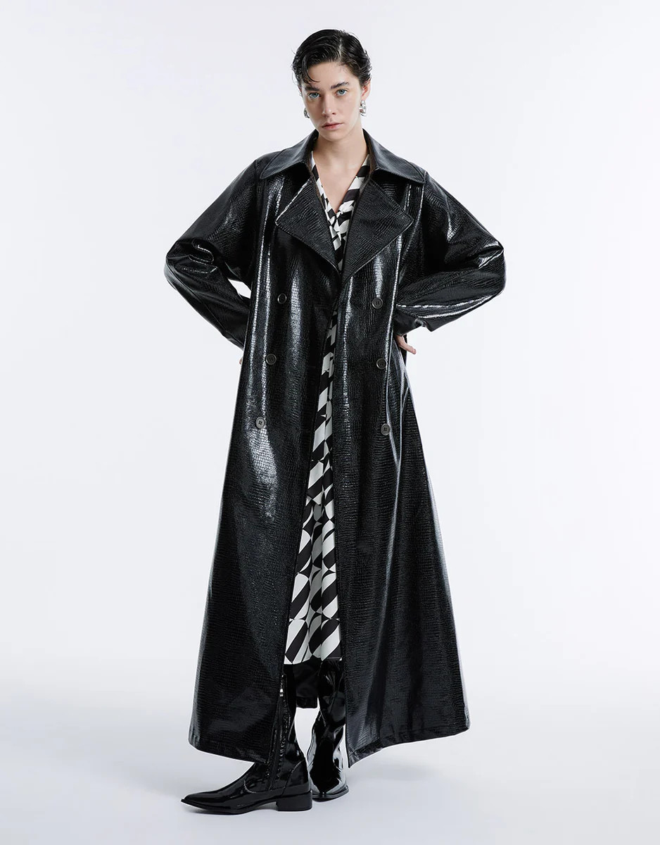 Croc Effect Belted Faux Leather Coat | Urban Revivo