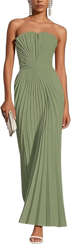 Strapless Satin Wedding Guest Dresses Pleated A Line Long Formal Evening Cocktail Dress for Women | Amazon (US)