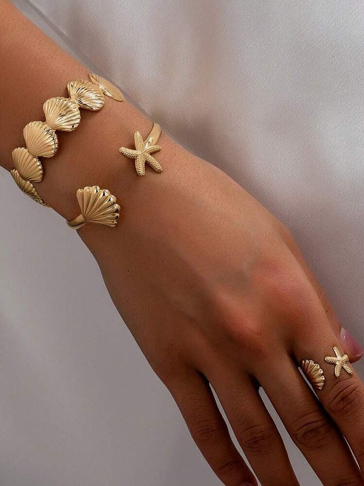 1 Set Fashionable Minimalist Ocean Style Starfish & Shell Adjustable Bracelet & Ring Jewelry Set,... | SHEIN