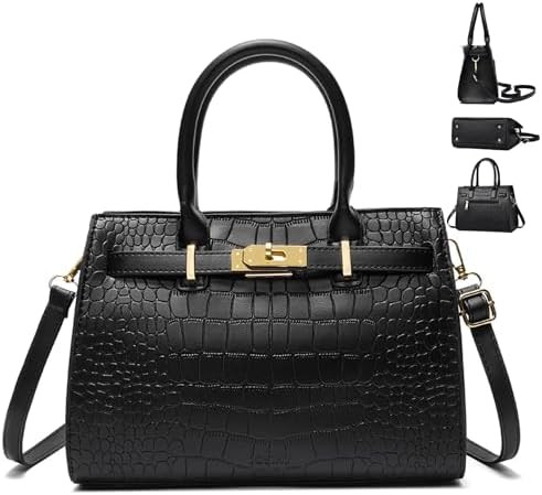 Black Crocodile Patterned Handbags - Premium Faux Leather Embossed Bag | Amazon (US)