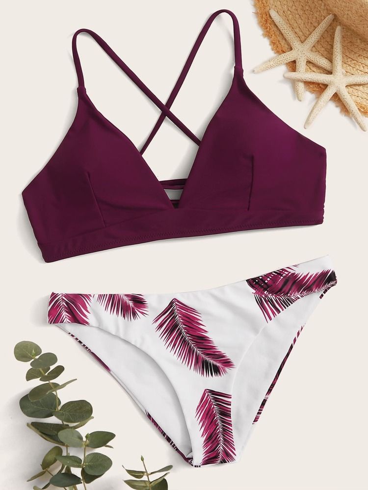 Tropical Lace-up Back Bikini Swimsuit | SHEIN