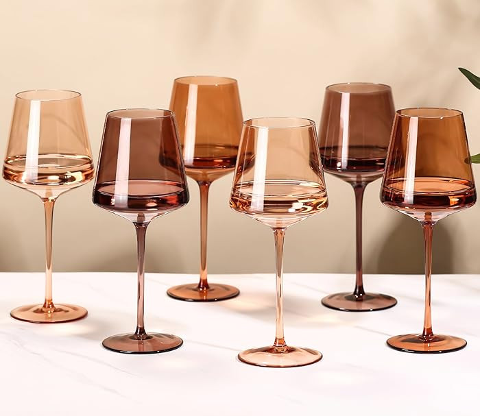 Brown Wine Glasses Set of 6-18oz【Hand Blown】 Crystal Amber Stemmed Venus Wine Glasses-Brown W... | Amazon (US)