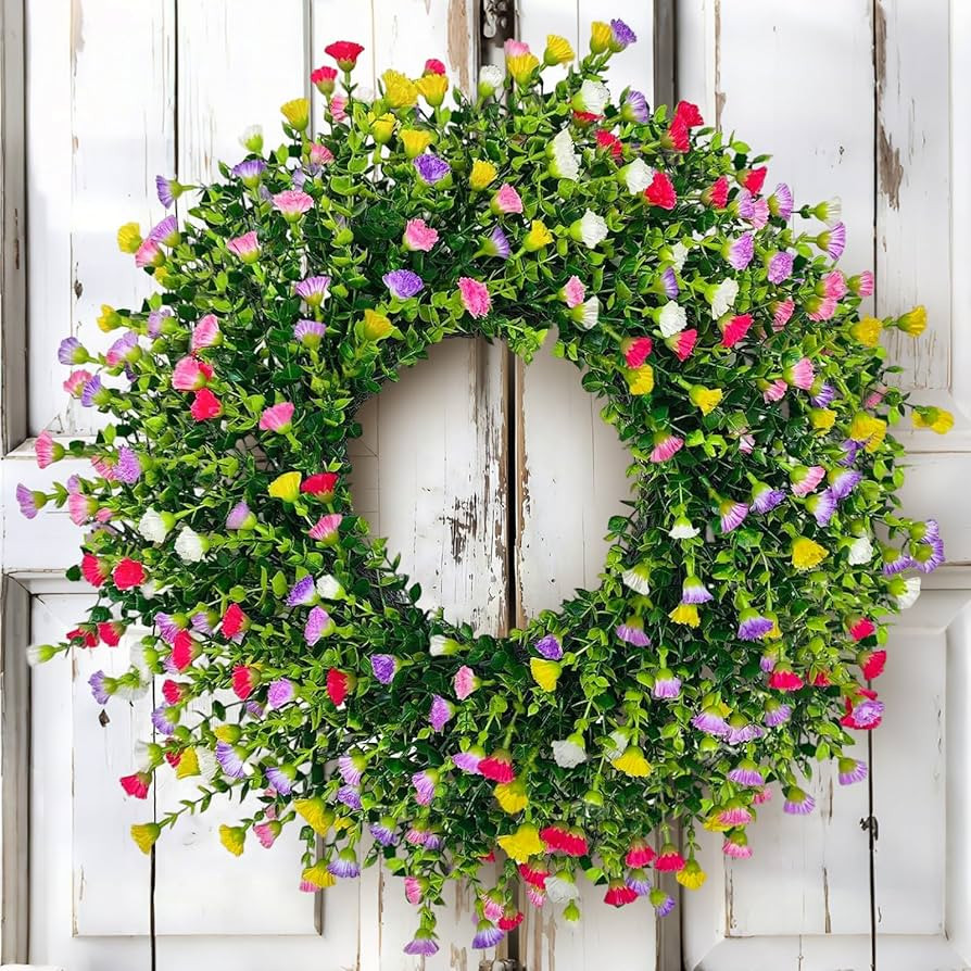 Amazon.com: Spring Summer Wreaths for Front Door, 22 Inch Large Farmhouse Colorful Cottage Wreath, Extra-Full 378 Silk Artificial Carnation Floral Wreath, Blossom & Greenery Hanging for Porch, Home Decorations : Home & Kitchen | Amazon (US)