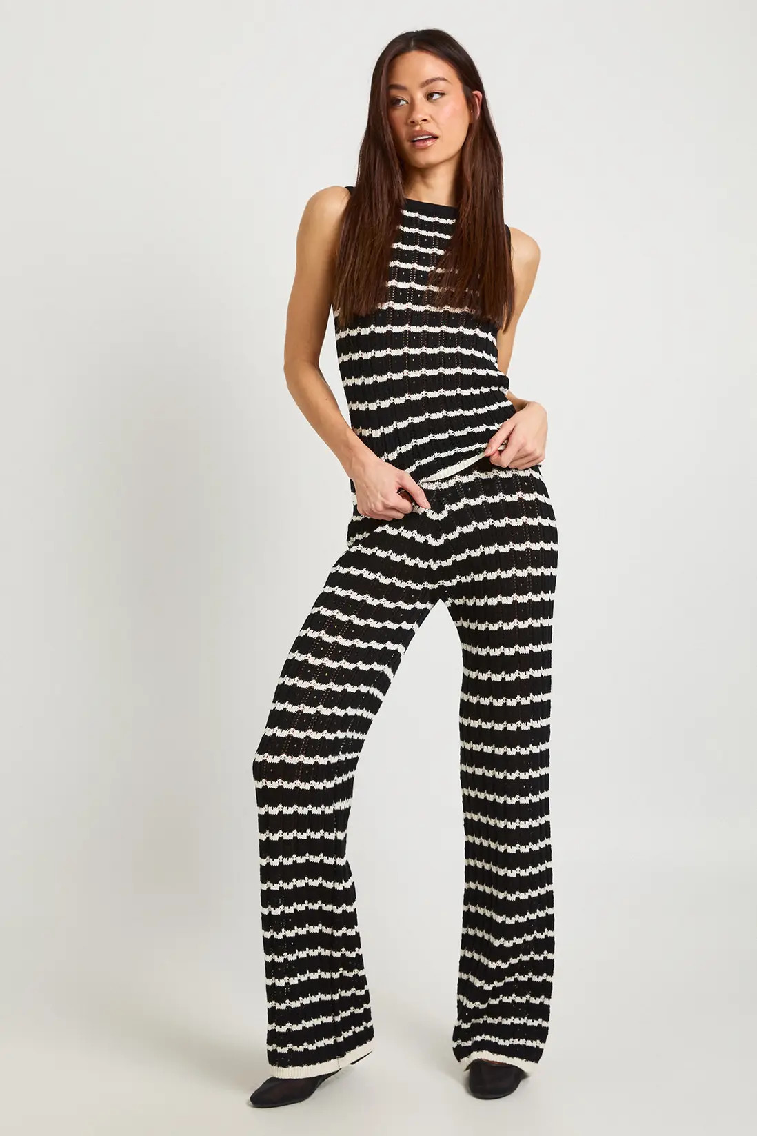 Mono Tall Crochet Stripe Knit Top and Wide Leg Co-Ord | Boohoo USA | boohoo (US & Canada)
