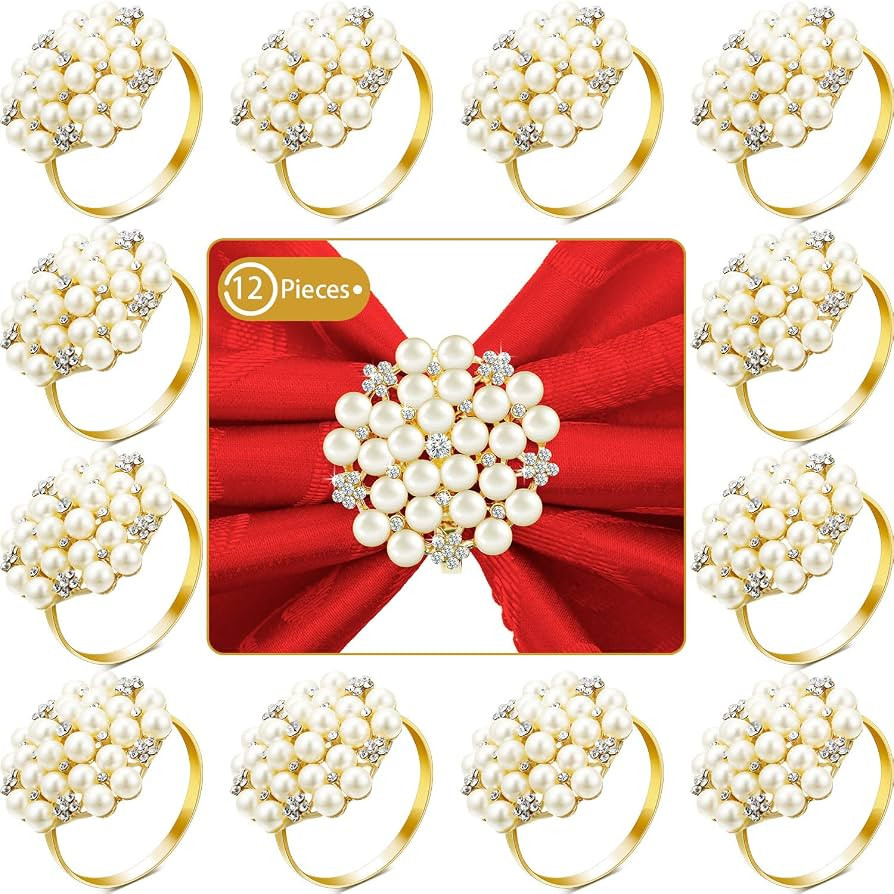 Hotop 12 Pcs Gold Napkin Rings Pearls and Flower Napkin Buckles Rhinestone Bling Round Holders fo... | Amazon (US)