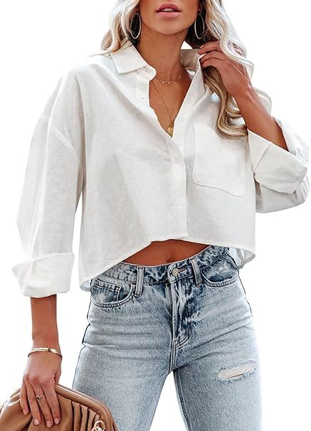 Tankaneo Womens Button Down Cropped Shirts Long Sleeve Casual Crop Tops Solid Lapel Blouse Shirt ... | Amazon (US)